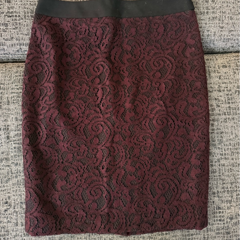 LOFT Burgundy and Black Lace Pencil Skirt